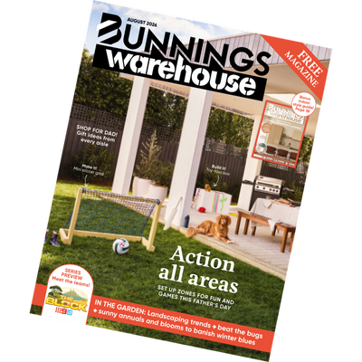Bunnings Warehouse August 2026 magazine cover featuring a backyard family activity zone with a mini soccer goal, toy-toss box and dog on a covered patio. Cover headline reads “Action all areas: Set up zones for fun and games this Father’s Day,” with additional features including gift ideas for Dad, landscaping trends and a bonus indoor style guide.