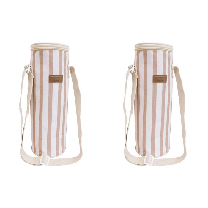 2PK LVD Sand Insulated Canvas Wine Cooler Bag 12x33cm Pink/White Stripes