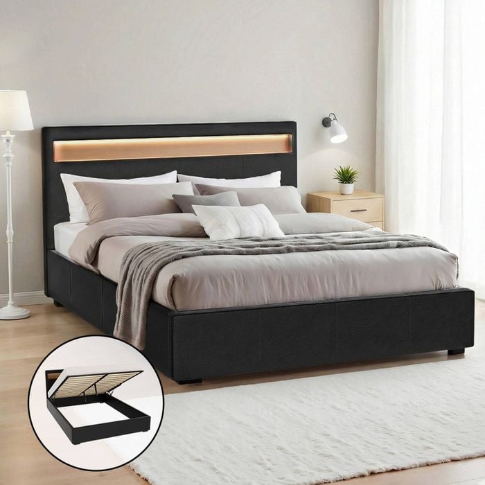 Artiss Bed Frame Double Size LED Gas Lift Black COLE