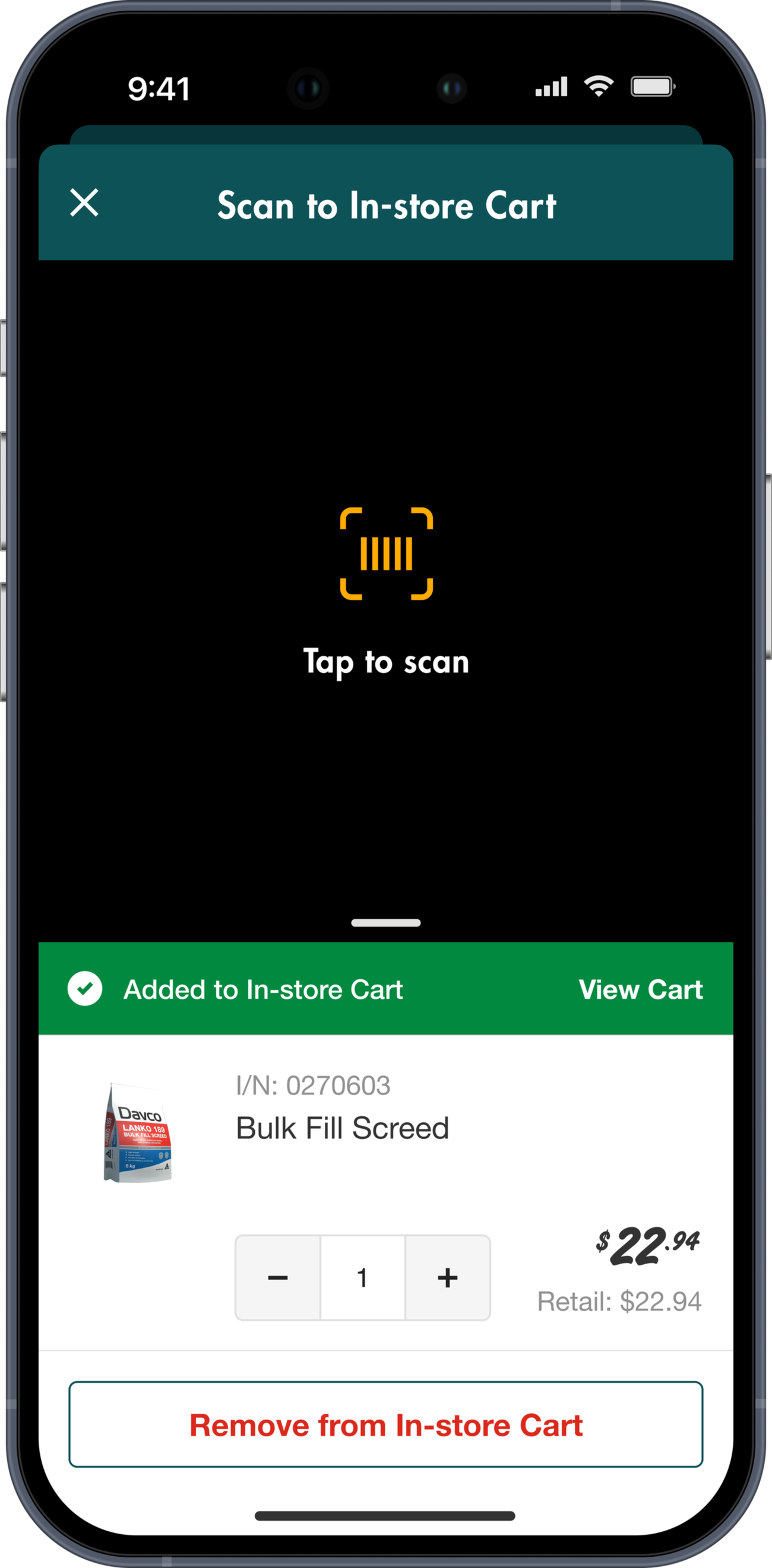 Mobile app screen showing a “Scan to In-store Cart” feature with a barcode scanning prompt. A product called “Bulk Fill Screed” has been added to the in-store cart, displaying the item number, quantity controls, price of $22.94, and options to view or remove the item from the cart.