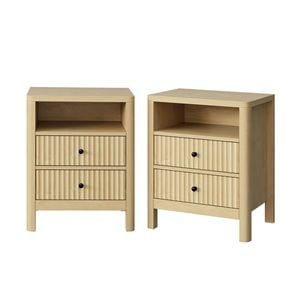 Oikiture 2x Bedside Table 2 Drawers Side End Table Nightstand Open Shelf Natural