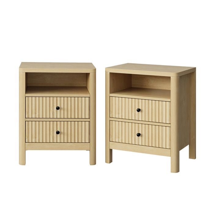 Oikiture 2x Bedside Table 2 Drawers Side End Table Nightstand Open Shelf Natural
