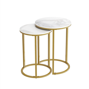 P&P White Set Of 2 Round Nesting Side Tables With Marble Tops & Gold Metal Frames
