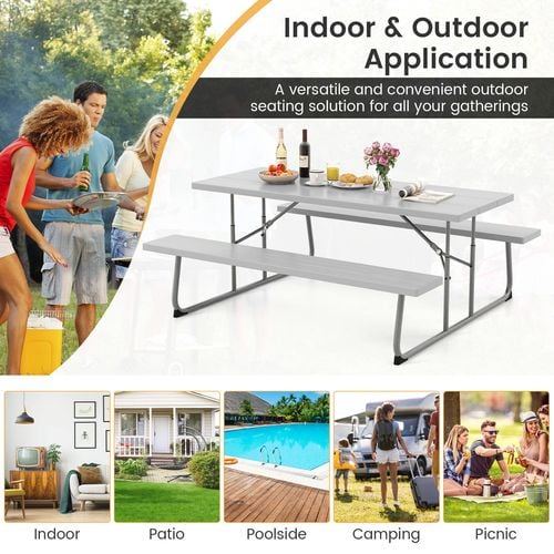 Costway Folding Dining Table Bench Set 8 Person Grey Bunnings Australia