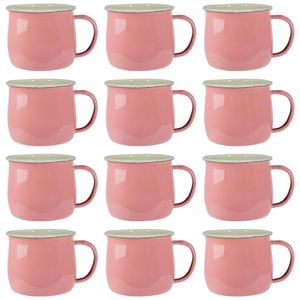 Argon Tableware 375ml Enamel Belly Mugs - Pink/cream - Set Of 12 Metal Drinking Cups Coffee Teacup Mug Set Hot, Cold Drinks Cups