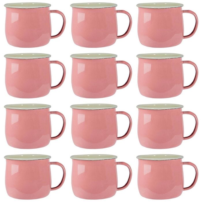Argon Tableware 375ml Enamel Belly Mugs - Pink/cream - Set Of 12 Metal Drinking Cups Coffee Teacup Mug Set Hot, Cold Drinks Cups