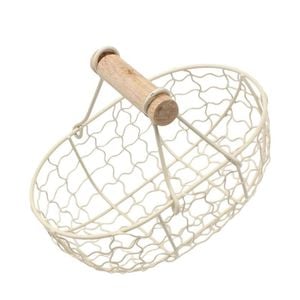 Catzon Wrought Iron Storage Basket with Wooden Handle for Bread Fruits-Beige