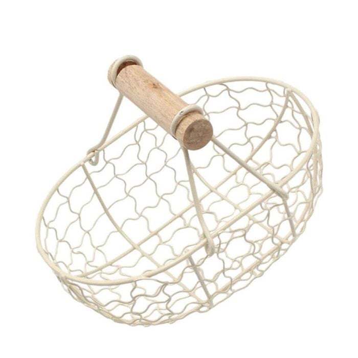 Catzon Wrought Iron Storage Basket with Wooden Handle for Bread Fruits-Beige