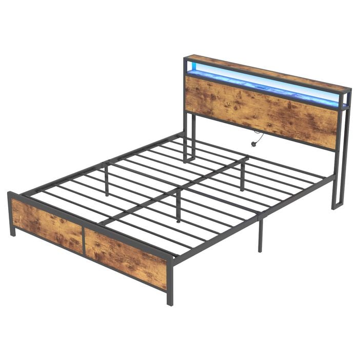 Ufurniture Bed Frame Double Size with Charging Station and Remote RGB LED Lights Storage Headboard