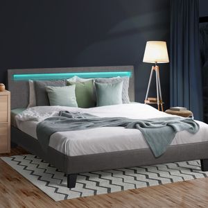 Oikiture Grey Fabric Bed Frame LED RGB - Queen