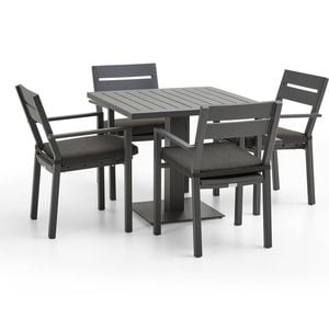 Avoca Outdoor Square Pedestal Aluminium Dining Table Charcoal With Santorini Chairs & Denim Grey Cushions