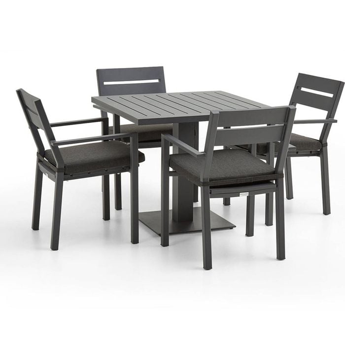 Avoca Outdoor Square Pedestal Aluminium Dining Table Charcoal With Santorini Chairs & Denim Grey Cushions