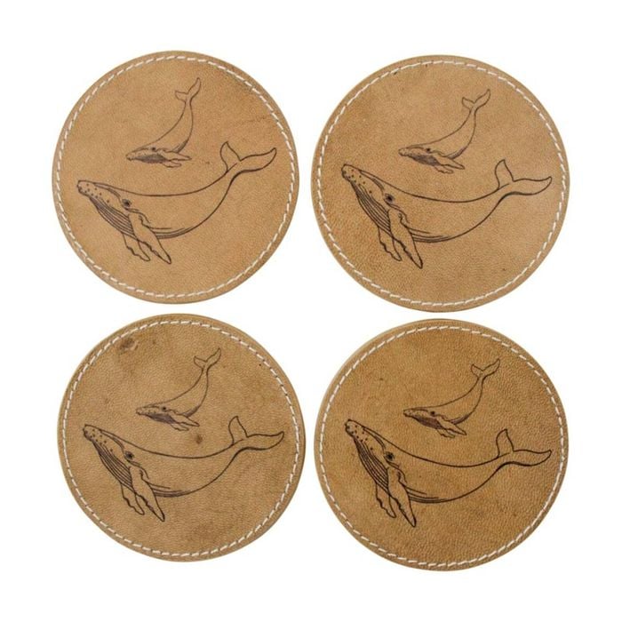 4pc Lvd Handcrafted Whale Genuine Leather Coaster Set Tableware 10x10cm