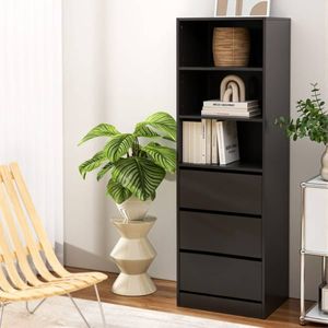 Homfurn 3-drawer Tallboy Cabinet – 3 Adjustable Shelves, Handle-free Design, Wall Attachment, Black