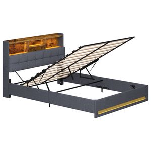 Advwin Queen Gas Lift Storage LED Bed Frame with Charging Station Grey