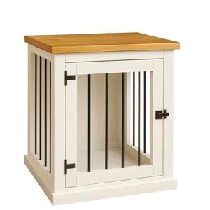 Paws and Willow Bedside Table Arctic White with Natural Top Wooden Dog Crate Hinged Door with Bars