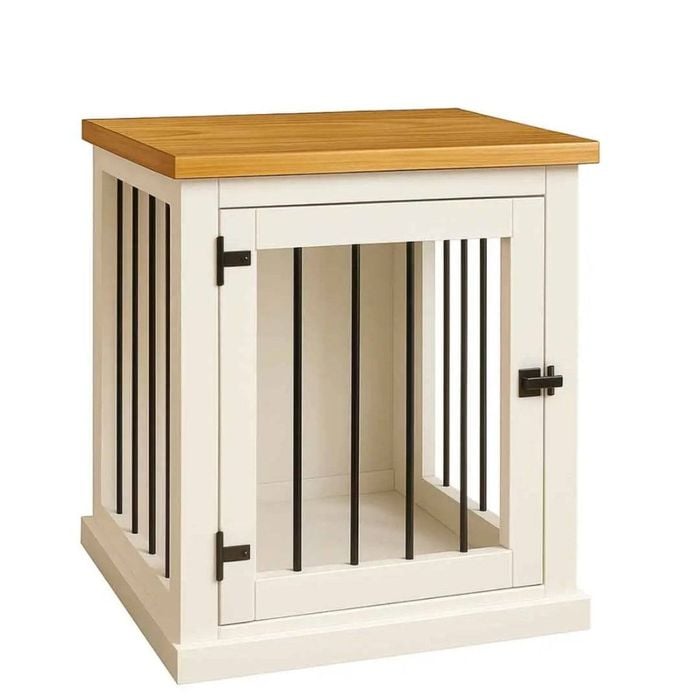 Paws and Willow Bedside Table Arctic White with Natural Top Wooden Dog Crate Hinged Door with Bars