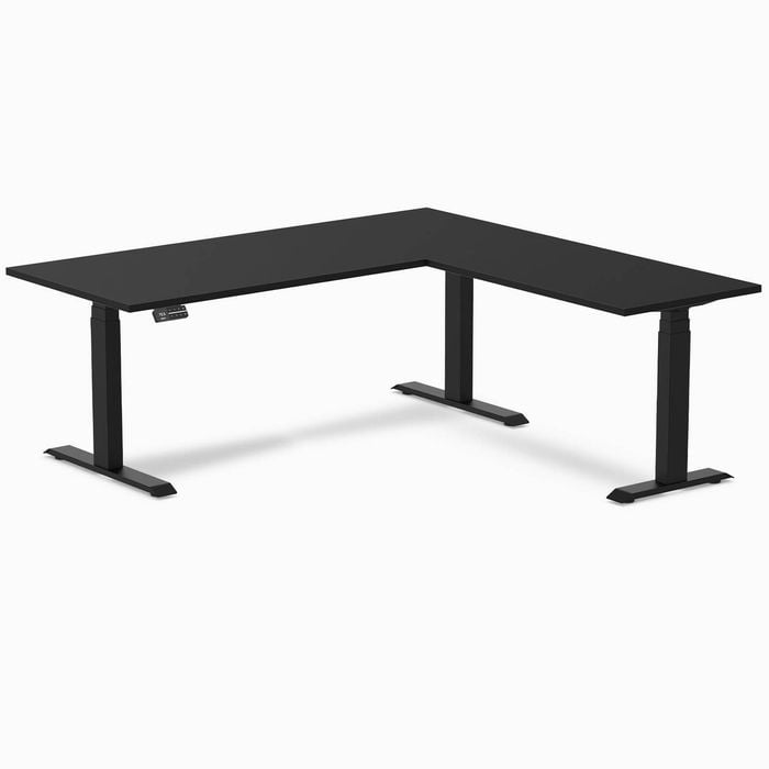 Desky Eco L-Shape Sit to Stand Black Melamine Desk 180x175cm Right Returnmm Matte Black Height Adjustable Leg
