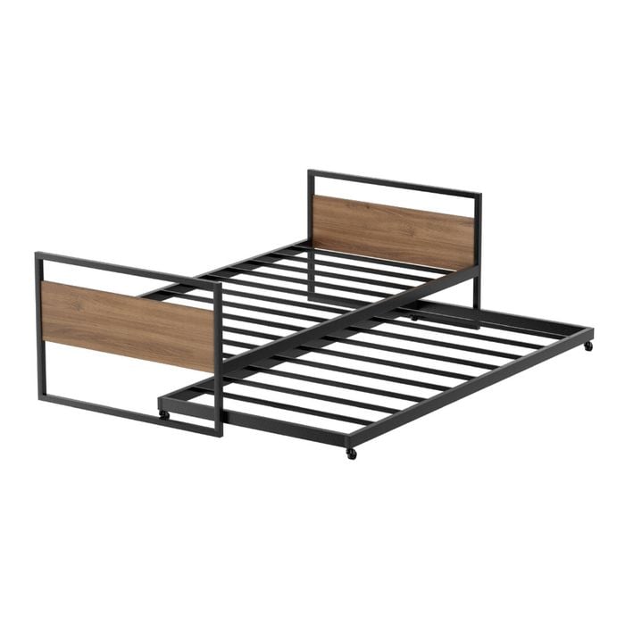 Homfurn 2x Single Size Metal Trundle Bed Frame – Industrial Style, Rust-resistant Steel, Dark Wood Accents, 150kg Capacity