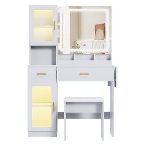 Ufurniture Makeup Vanity Desk with LED Mirror,RGB Cabinet,Power Outlet & Reversible Foldable Countertop White
