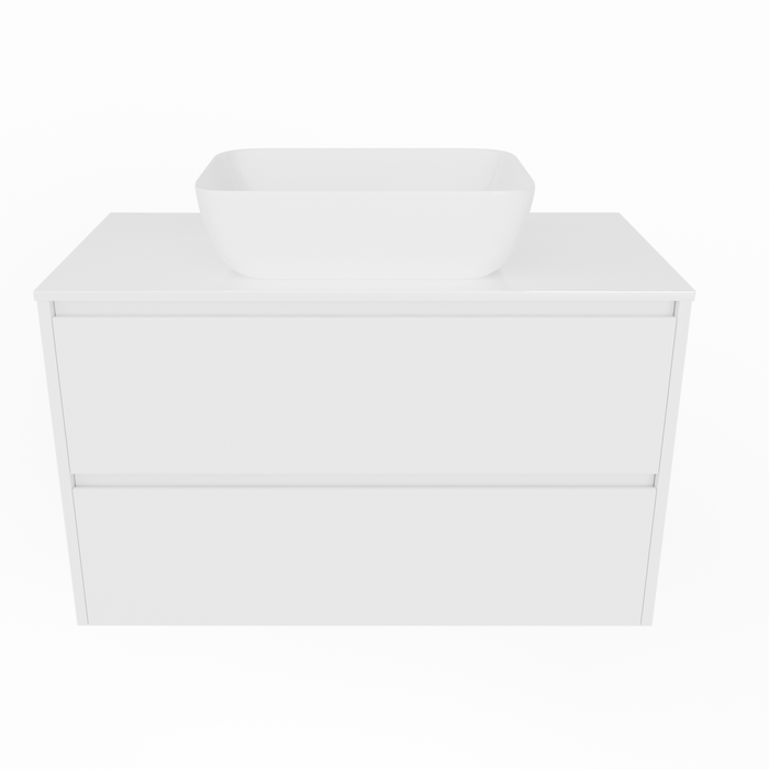 Forme 900mm White Razor Wallhung Vanity With Myanmar White Stone Top And Pluto Above Counter Basin