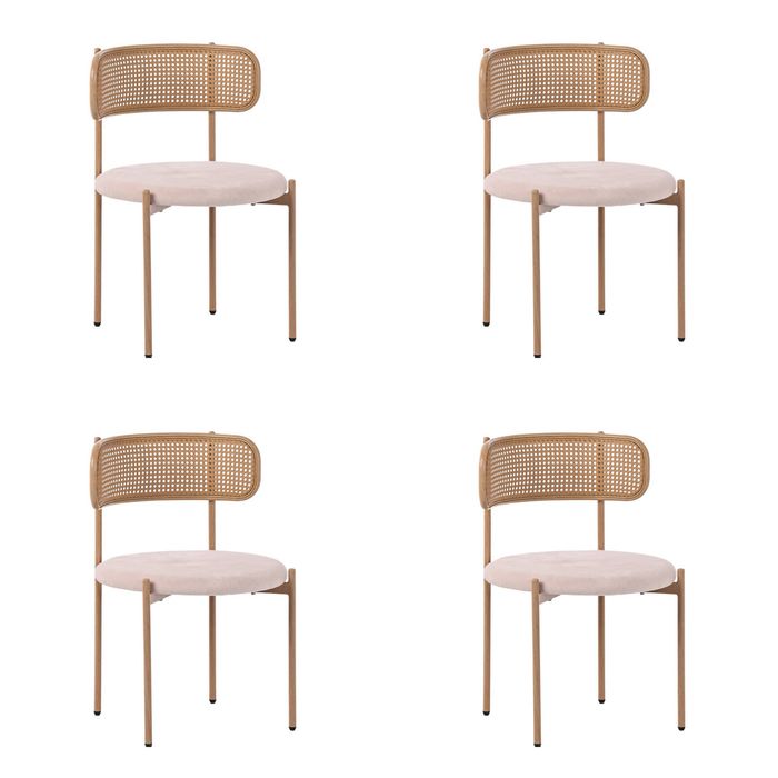 HOMFURN Set of 4 Dining Chairs, 4PCS Cane-Style Woven Backrest, Velvet Upholstered Seat and Metal Frame