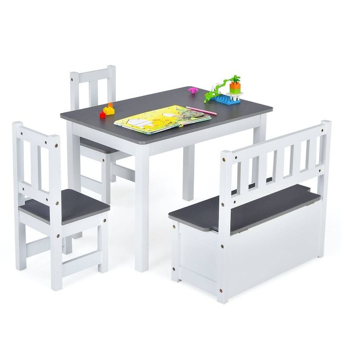 Costway Set Of 4 Kids Table Chairs Wooden Playing Desk Bench Set Grey