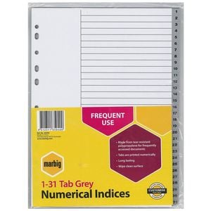Marbig Numerical Indices & Dividers A4 (Grey) (1-31 Tab)