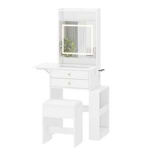 Advwin Dressing Table Stool w/ Glass Desktop 2 Drawers Side Storage & Charging Station