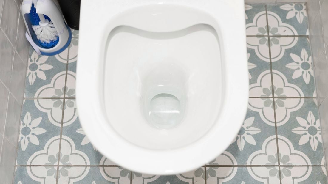 Clean and unblocked toilet with a brush nearby on a patterned tiled floor.