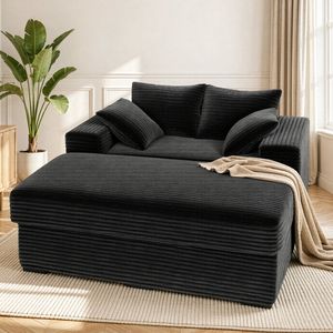 Ufurniture 146cm Oversized Chaise Lounge Chair Corduroy Upholstered Loveseat Sofa Bed Black