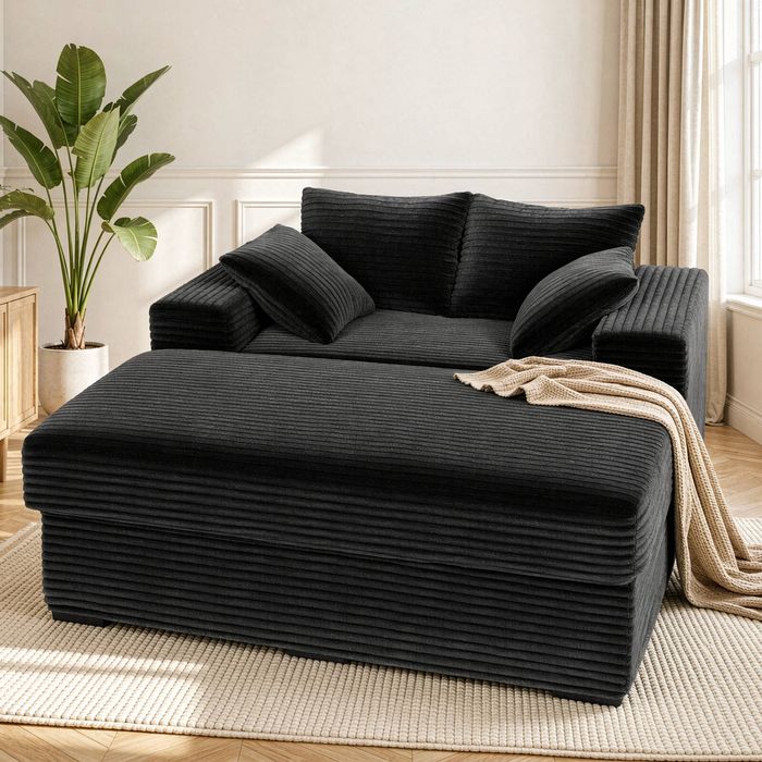 Ufurniture 146cm Oversized Chaise Lounge Chair Corduroy Upholstered Loveseat Sofa Bed Black