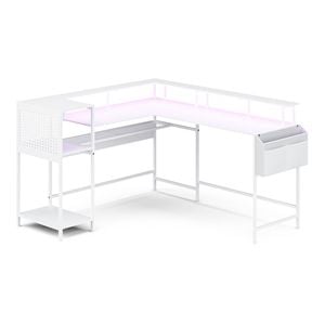 Advwin 150cm L Shaped Convertible Computer Gaming Desk w/ LED Lights Power Outlets Pegboard 242cm 2 Person Table White