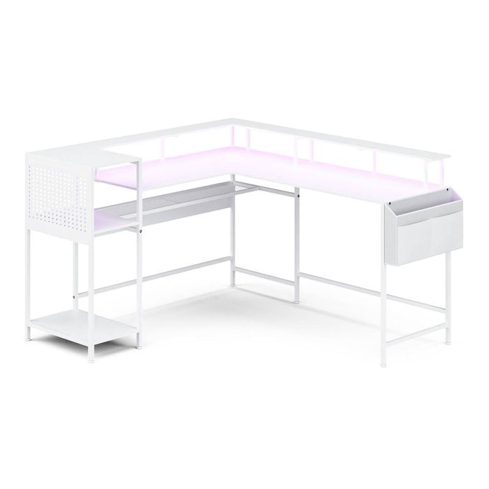 Advwin 150cm L Shaped Convertible Computer Gaming Desk w/ LED Lights Power Outlets Pegboard 242cm 2 Person Table White