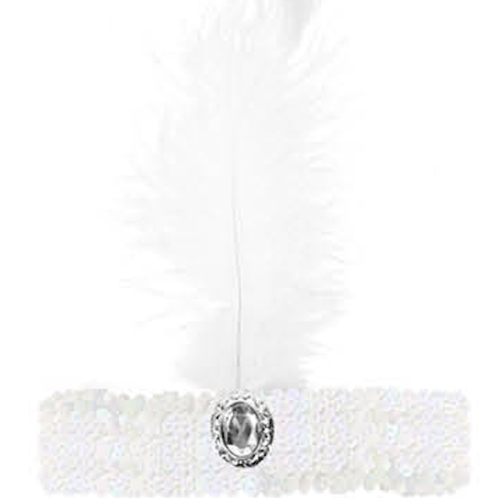 WIDE FLAPPER HEADBAND Feather Sequin Costume Gatsby Charleston Headpiece 1920s White