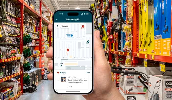 A phone screen showing the Bunnings app product map function