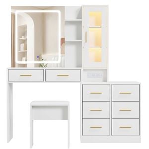 Ufurniture Makeup Vanity Desk with 8 Drawers,LED Mirror,RGB Cabinet & Power Outlet White