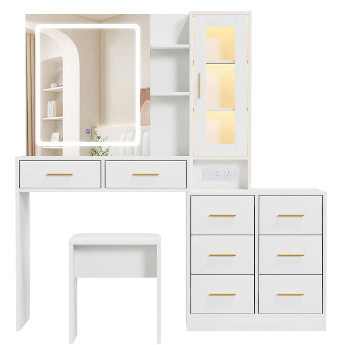 Ufurniture Makeup Vanity Desk with 8 Drawers,LED Mirror,RGB Cabinet & Power Outlet White