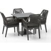 Avoca Outdoor Pedestal Aluminium Dining Table Charcoal With Hugo Chairs & Carbon Grey Rope/denim Cushions
