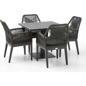 Avoca Outdoor Pedestal Aluminium Dining Table Charcoal With Hugo Chairs & Carbon Grey Rope/denim Cushions