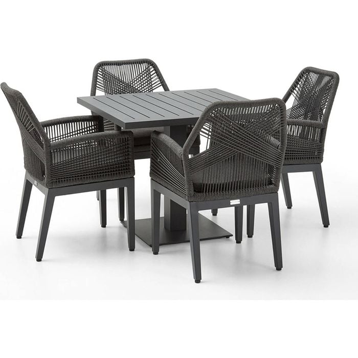 Avoca Outdoor Pedestal Aluminium Dining Table Charcoal With Hugo Chairs & Carbon Grey Rope/denim Cushions