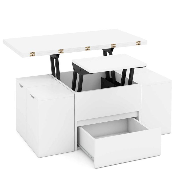 Costway Lift Top Coffee Table Center Table W/4 Storage Stool White