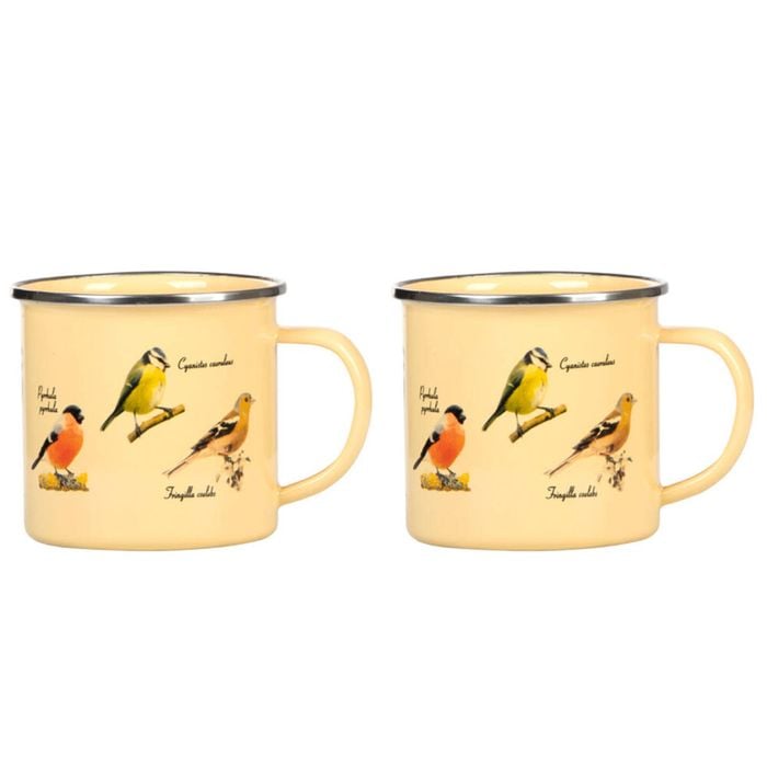 2PK Esschert Design Enamel Mug Birds Coffee/Tea Drink Cup 0.5L Yellow
