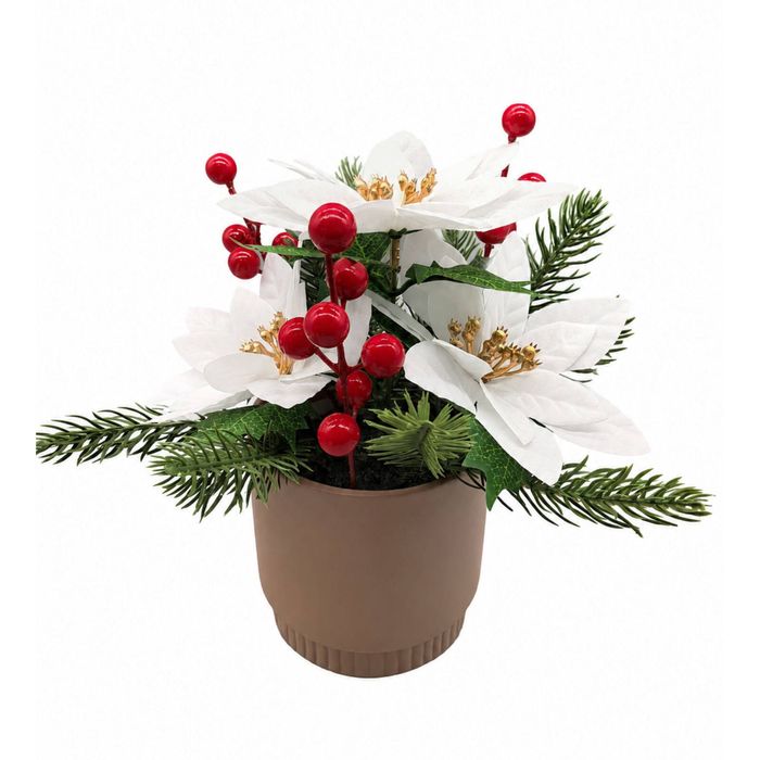 Un-Real 25cm White Artificial Christmas Poinsettia Plant in Terracotta Pot