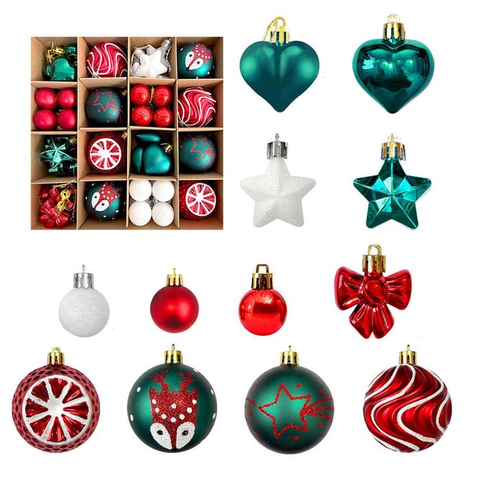 Catzon 64 Pcs Christmas Ornaments with Bow & Star & Heart Shaped Great for Holiday Party Decor-Set 3