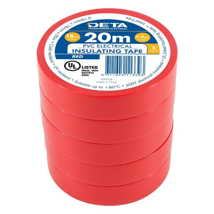 DETA 20m x 18mm Red Insulation PVC Tape - 5 Pack