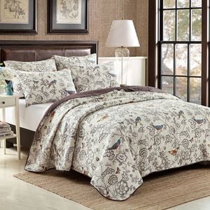 Quilted Queen/King Size Cotton Coverlet Bedspread Set Bird Flower