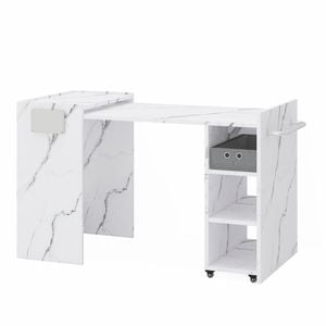 Ufurniture Folding Sewing Machine Table Extendable Craft Table Compact Multi-Purpose Table Side Desk White Marbling