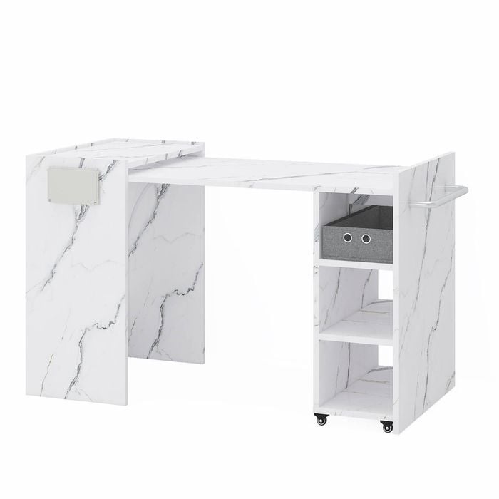 Ufurniture Folding Sewing Machine Table Extendable Craft Table Compact Multi-Purpose Table Side Desk White Marbling