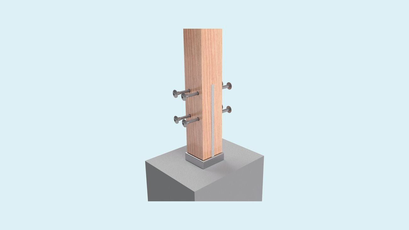 Four, steel bolts are inserted into timber plank 